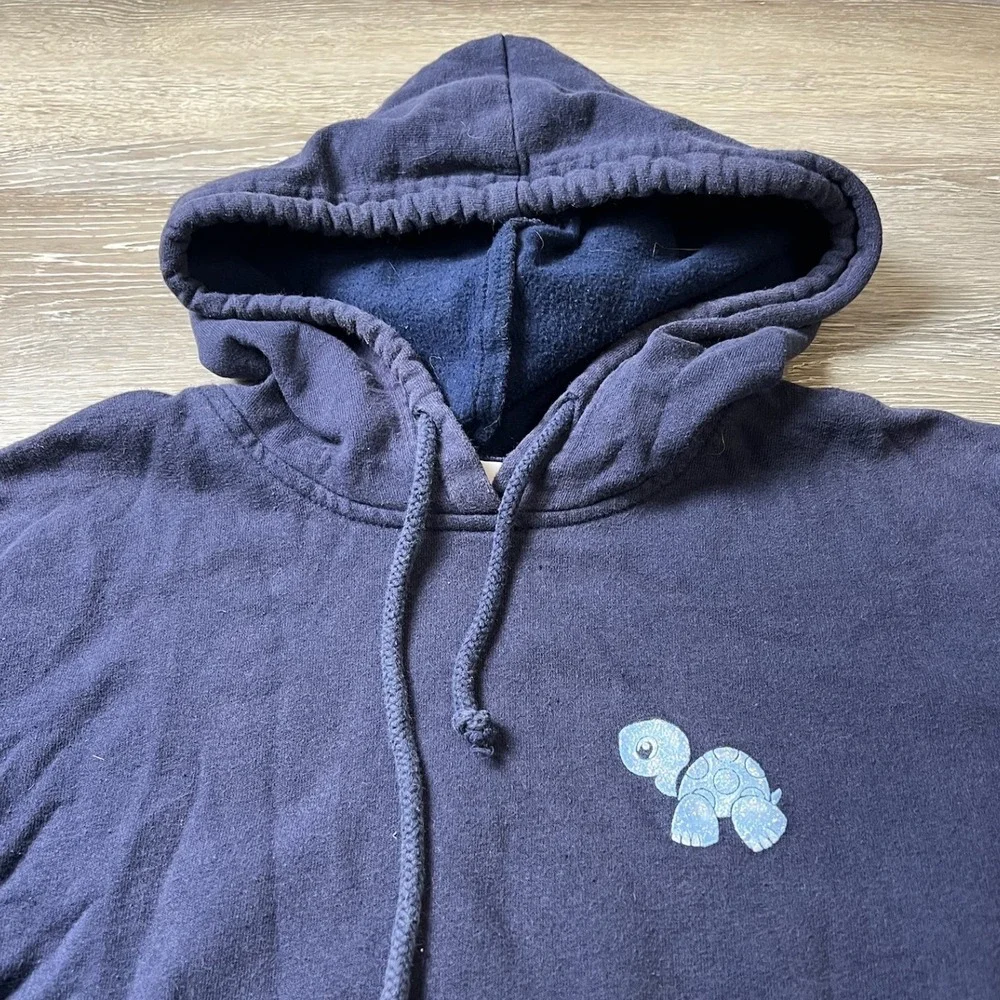 Y2K Blue Turtle Self Esteem Hoodie Womens L Navy Glitter Graphic Sleeve Print